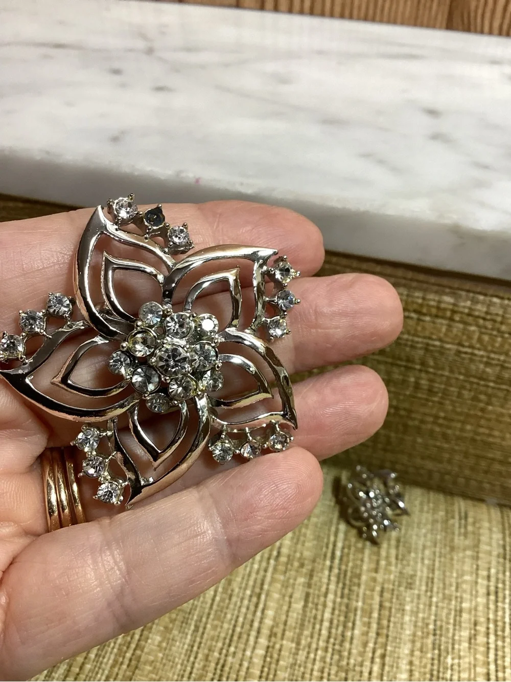 Vintage Silver-Tone Crystal Floral Brooch and matching clip Earring Set